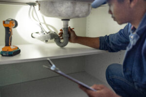 Plumber, sink maintenance check and plumbing data of a handyman in a kitchen. Water pipe installation, home repair checklist and builder in a household for building construction and inspection.